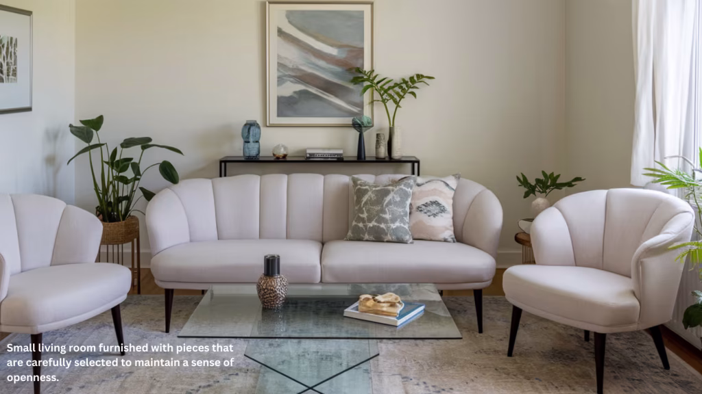 A cozy living room with a light beige sofa and two matching armchairs. A glass coffee table holds a small decorative object and an open book. Plants are placed around the room, and a framed abstract painting hangs above a console table with additional plants. Text reads: "Small living room furnished with pieces that are carefully selected to maintain a sense of openness.