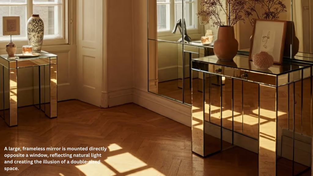 A room with herringbone wood flooring features a large, frameless mirror spanning one wall. Opposite, a window casts natural light, illuminating a glass-topped console table adorned with a vase, framed picture, and decorative branches, creating a sense of expanded space.