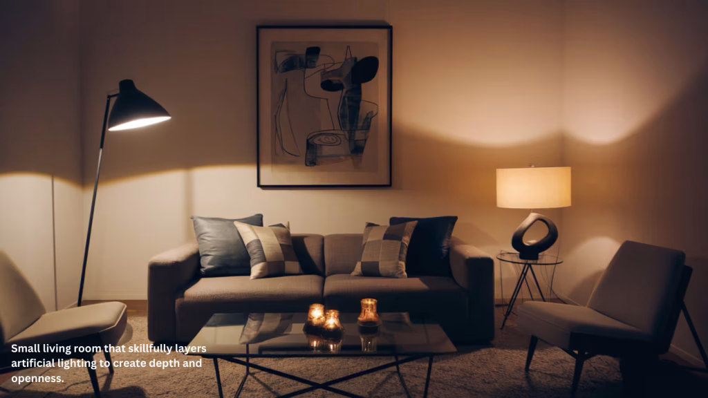 A cozy living room with dim lighting features a gray sofa adorned with patterned cushions. A floor lamp and a table lamp illuminate the space, which includes a glass coffee table with three candles. An abstract artwork hangs on the wall, and a light armchair completes the setting.