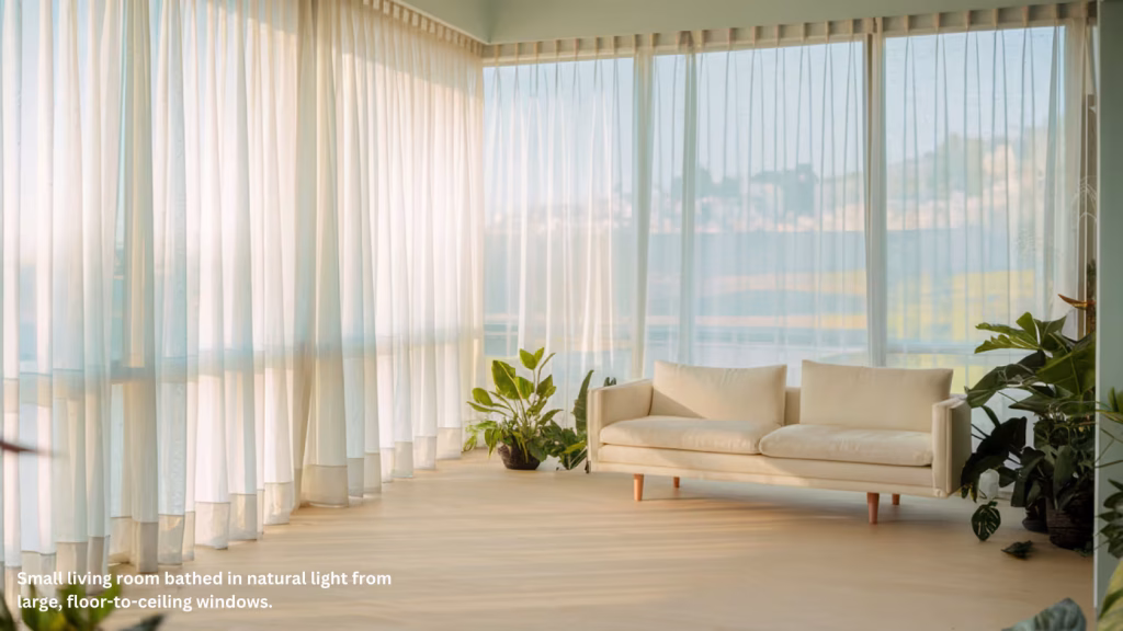 A sunlit room features a large frameless mirror opposite a window, capturing natural light and doubling the perceived space. In front, mirrored tables hold various decor: a vase with dried flowers, a framed picture, and other small items, all enhancing the warm, inviting atmosphere.
