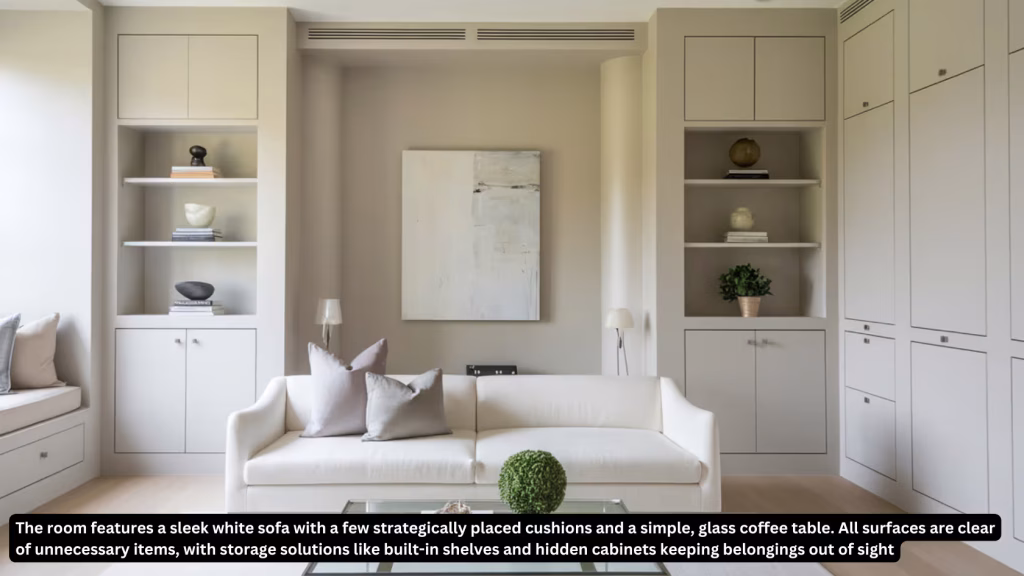 A cozy living room with a light beige sofa and two matching armchairs. A glass coffee table holds a small decorative object and an open book. Plants are placed around the room, and a framed abstract painting hangs above a console table with additional plants. Text reads: "Small living room furnished with pieces that are carefully selected to maintain a sense of openness.