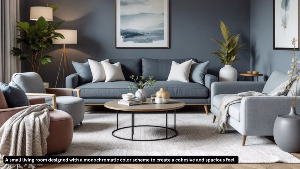 A small living room designed in a monochromatic color scheme features a gray sofa, matching armchairs, and a light rug. A round coffee table holds decor items, with plants and framed artwork in the background, creating a cohesive and spacious atmosphere.