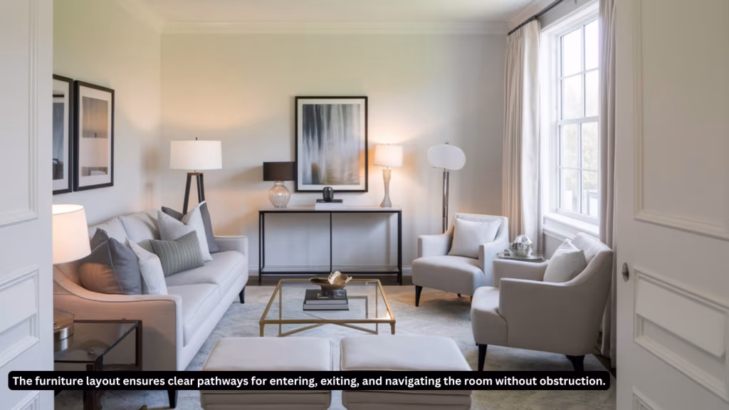 A minimalist room with a sleek white sofa adorned with cushions, facing a simple glass coffee table with a small plant. Built-in shelves and hidden cabinets line the walls, neatly storing decorative objects. The setup emphasizes simplicity and organization.
