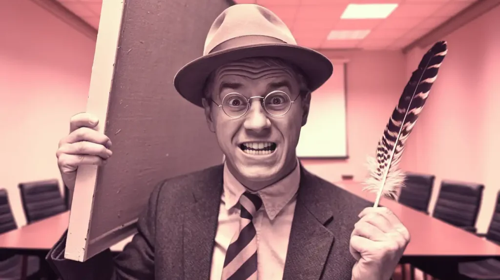 A man in a suit and hat, clutching a feather and board, stands in the conference room with a surprised expression, as though he’s just uncovered secrets in HOA management.