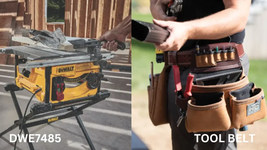 Split image of a table saw on the left and a person wearing a tool belt on the right, ready to tackle insulating tasks or construct a durable post-frame building.