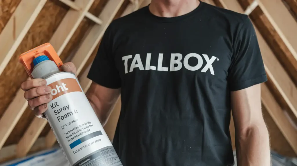 A person wearing a "TALLBOX" t-shirt is seen in a wooden attic, expertly holding an insulating spray foam kit, ready to enhance energy efficiency.