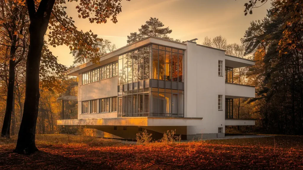 A modern white house with large windows, beautifully captured through architectural rendering, is surrounded by autumn trees and warm sunlight filtering through the forest.