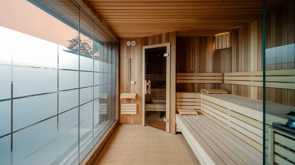 This modern wooden sauna with a glass wall offers not only serene views, but also aligns with 2024 interior design trends, making it a stylish home feature.