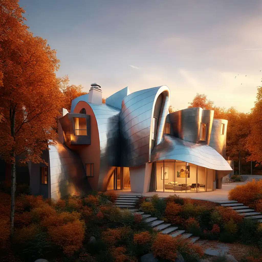 Futuristic metal house with a curved design is showcased through an architectural rendering, surrounded by autumn trees under a warm sunset sky.