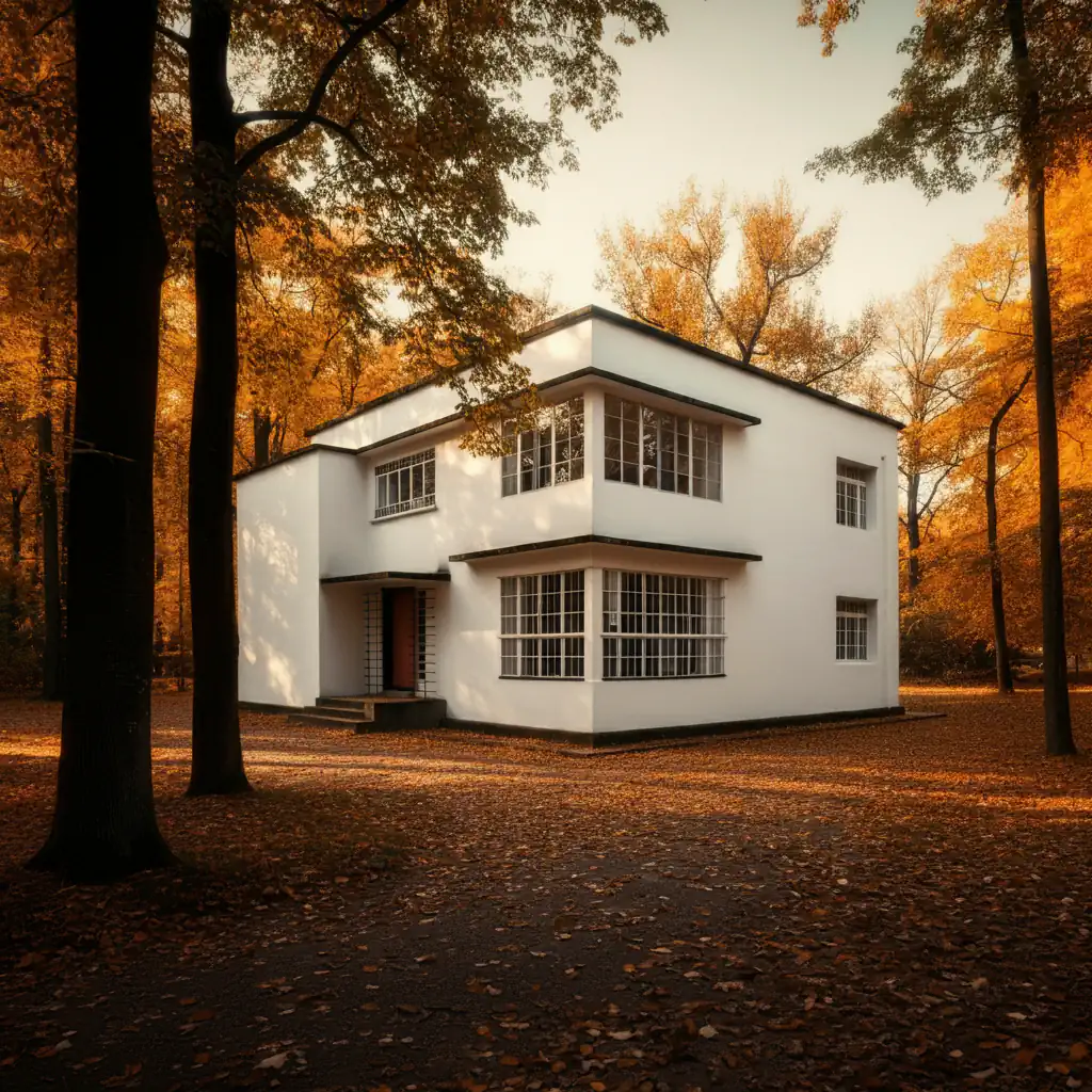 Architectural rendering showcases a white modernist house, enveloped by autumn trees and scattered fallen leaves, creating an idyllic seasonal frame.