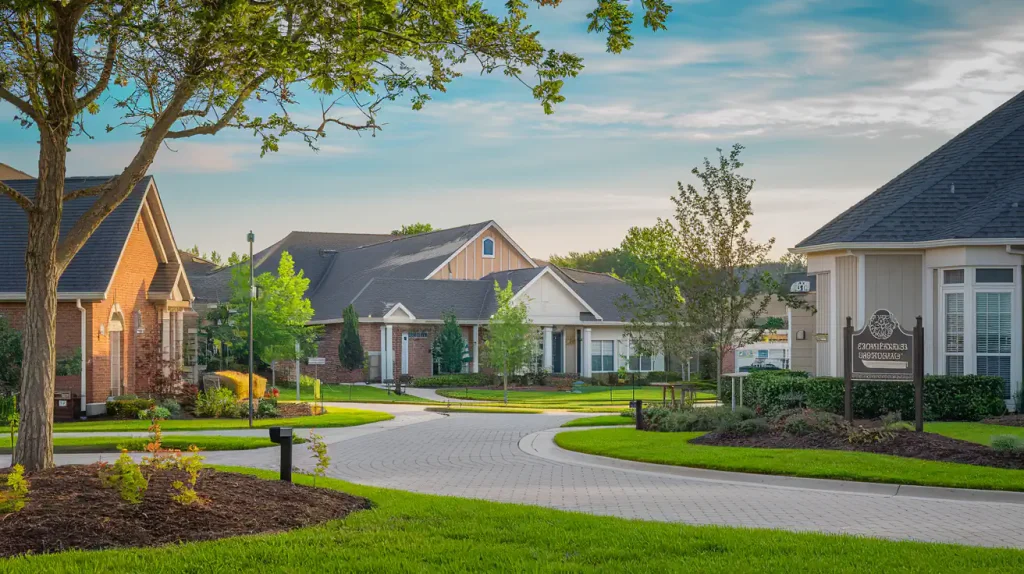 A suburban neighborhood with manicured lawns, trees, and multiple houses under a clear sky. The HOA management ensures that everything runs smoothly, maintaining an air of tranquility amidst the quiet whispers of unspoken secrets.