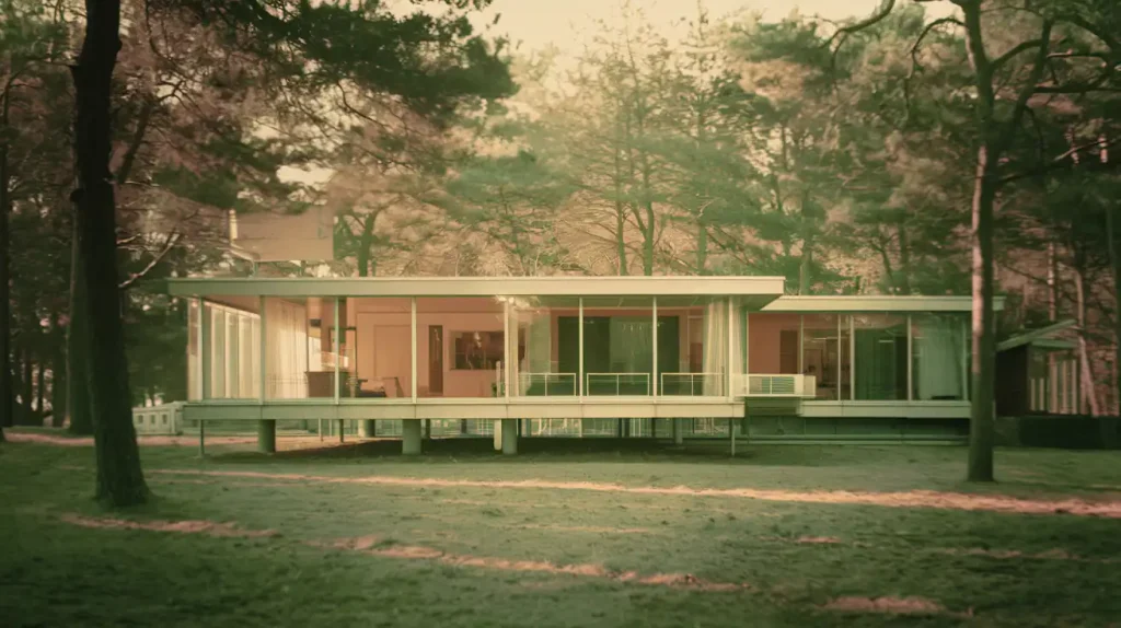 "A view of a Mies van der Rohe house in a calm forest, captures essence of nature, solarisation, ARRIFLEX 35 BL Camera, Canon K35 Prime Lenses, architecture photography, warm green and orange color palette --ar 7:3 -- v6.0