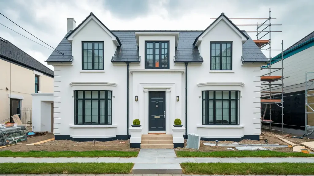 A modern white house flaunts its symmetrical design and dark-framed windows, while a scaffold stands by its side. Among various types of homes, this one offers a sleek, contemporary look.