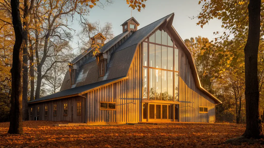A rustic barn with large windows, surrounded by autumn trees and fallen leaves, under a clear sky, rendered beautifully using advanced AI tools.