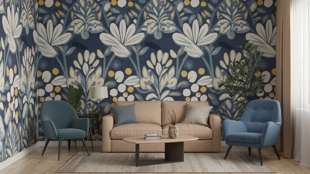 Living room with beige sofa, blue chairs, and a floral-patterned blue wallpaper follows decor principles that make small spaces feel bigger.