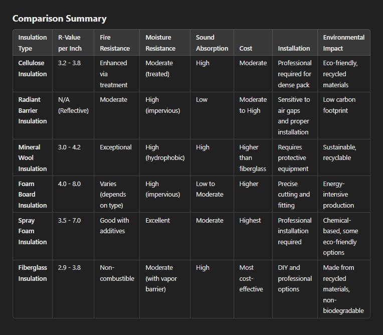 Insulation comparison table for Pole Barn and Post-Frame Building, detailing types, R-value, resistances, cost, installation, and environmental impact.