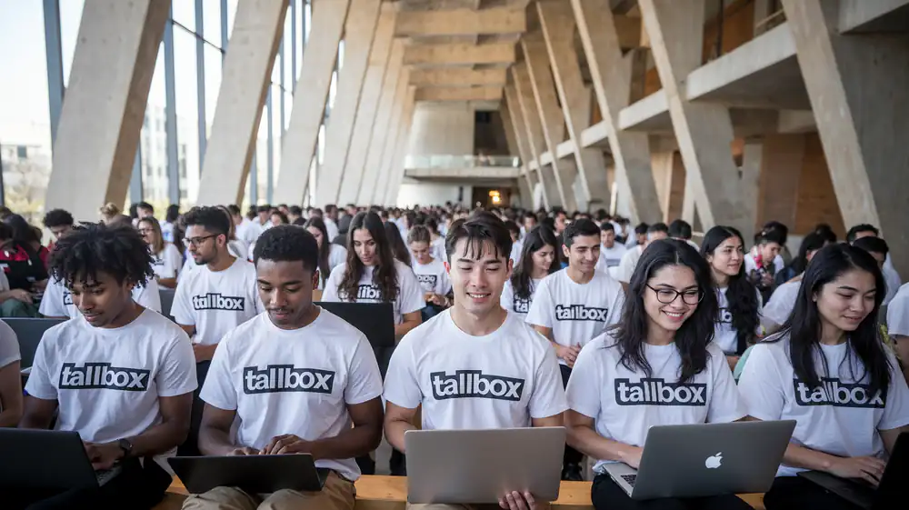 A large group of people wearing "tallbox" shirts, seated with student laptops in a spacious, modern building ideal for architecture competitions.