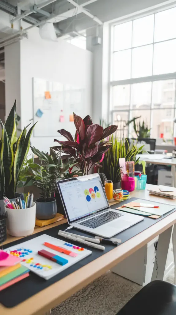 A well-organized desk with a student laptop, colorful stationery, and potted plants in a bright, airy office space inspires creativity, ideal for preparing architecture competitions.