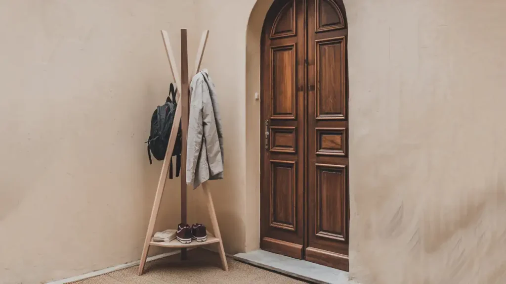 Wooden coat rack with a jacket and backpack near an arched door, perfect for small entryways. Brown shoes on the floor complete this stylish decorating idea.