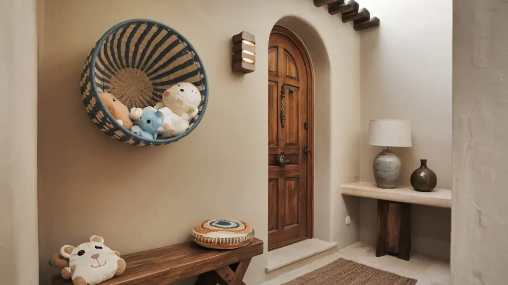 Cozy entryway with a wooden door, a bench, and a basket of plush toys on the wall, offering creative ideas for decorating small entryways.