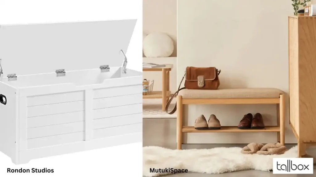 White storage bench open; a creative idea for decorating small entryways, featuring a wooden bench with shoes tidily arranged underneath and a bag neatly placed on top.