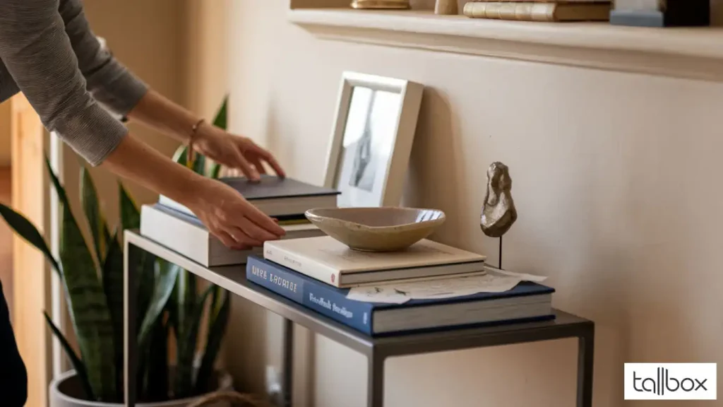 Arranging books on a shelf with a decorative bowl and sculpture nearby is perfect for decorating small entryways.
