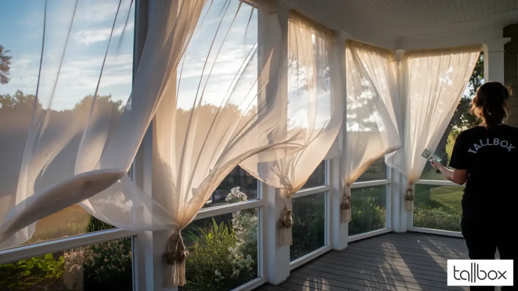 A person stands on a porch, enveloped by sheer curtains fluttering in the wind, as they admire the garden during sunset. The scene whispers inspiration for budget-friendly front porch decoration ideas that seamlessly blend with nature's beauty.