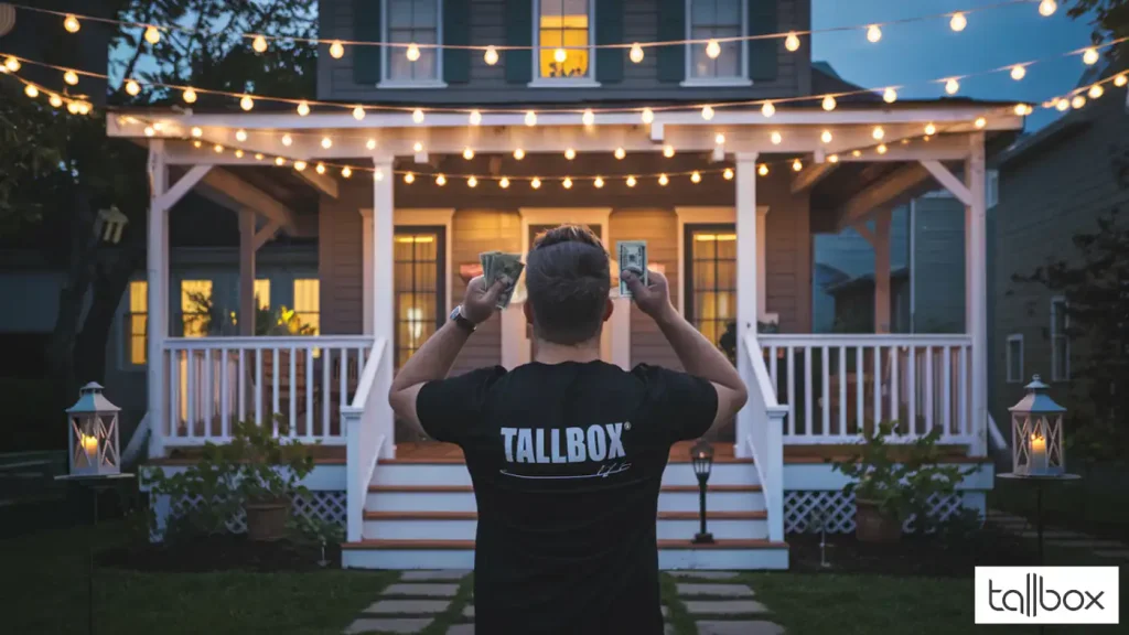 A person in a black shirt is photographing a house adorned with string lights at dusk, capturing the charm of front porch decoration ideas.
