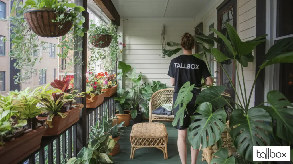 A person on a lush, plant-filled porch, sporting a "TALLBOX" shirt amidst wicker furniture and vibrant greenery, showcases inspiring front porch decoration ideas.