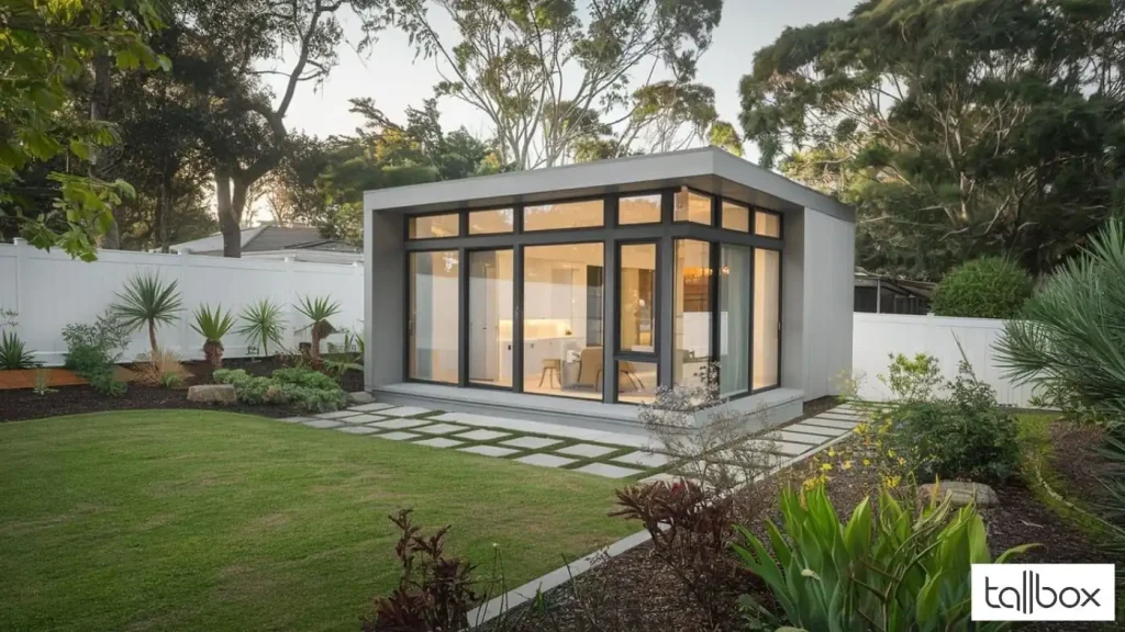 A modern garden studio with large windows, this charming granny flat is surrounded by lush grass and trees, set against a clear sky.