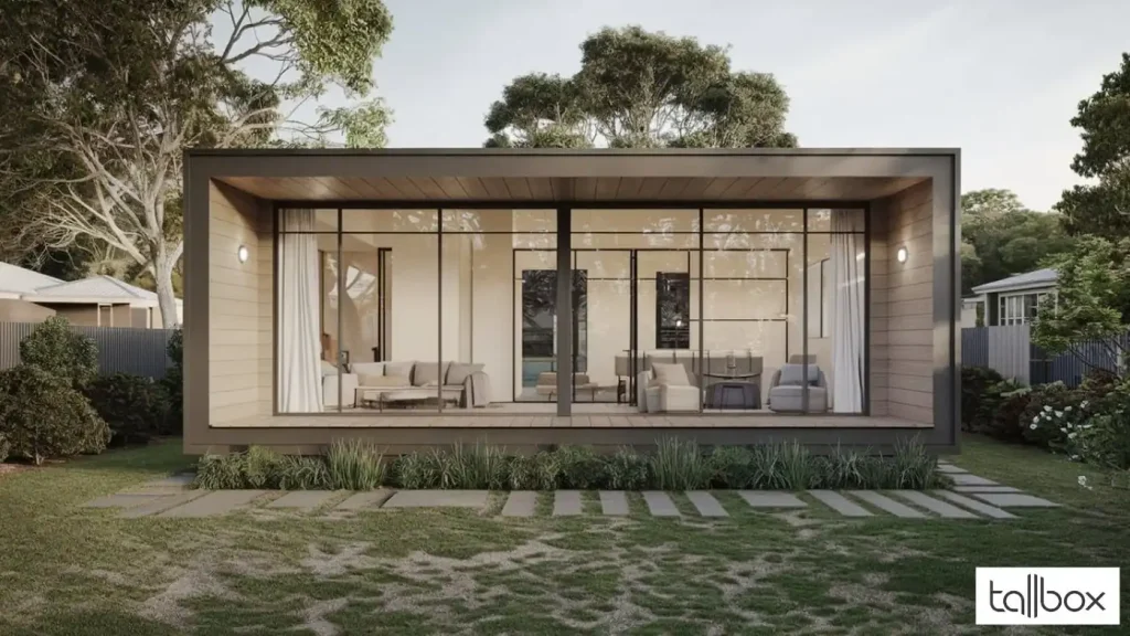 This modern, minimalist tiny house, also known as a contemporary granny flat, boasts large glass windows that invite nature in while being nestled within greenery and a neatly landscaped yard.