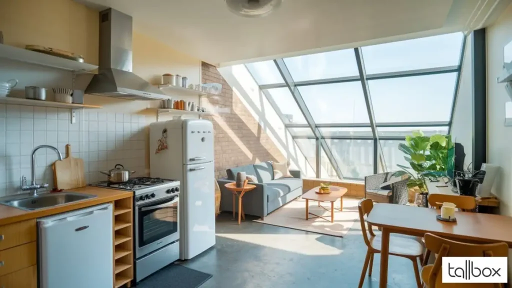 Sunny kitchen with vintage appliances, dining table, and seating area in a charming granny flat. Large windows provide ample natural light.