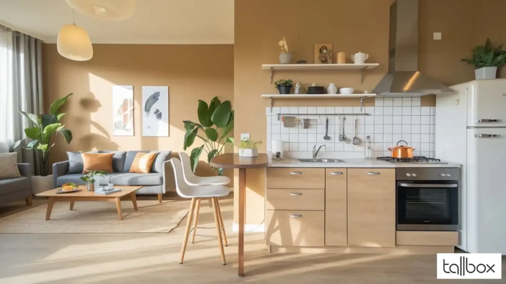 Bright and spacious interior featuring a modern kitchen and living area, perfect for a cozy granny flat. Neutral tones, wooden furniture, and lush plants create a serene atmosphere.