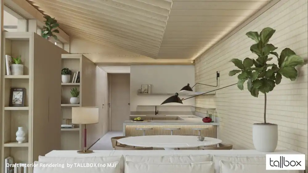 Discover how to use Scandinavian style to transform your living room into a cozy retreat. Picture wooden ceilings, lush plants, and minimal decor creating serene seating and dining areas—perfect for your renovation project visualization in Midjourney.