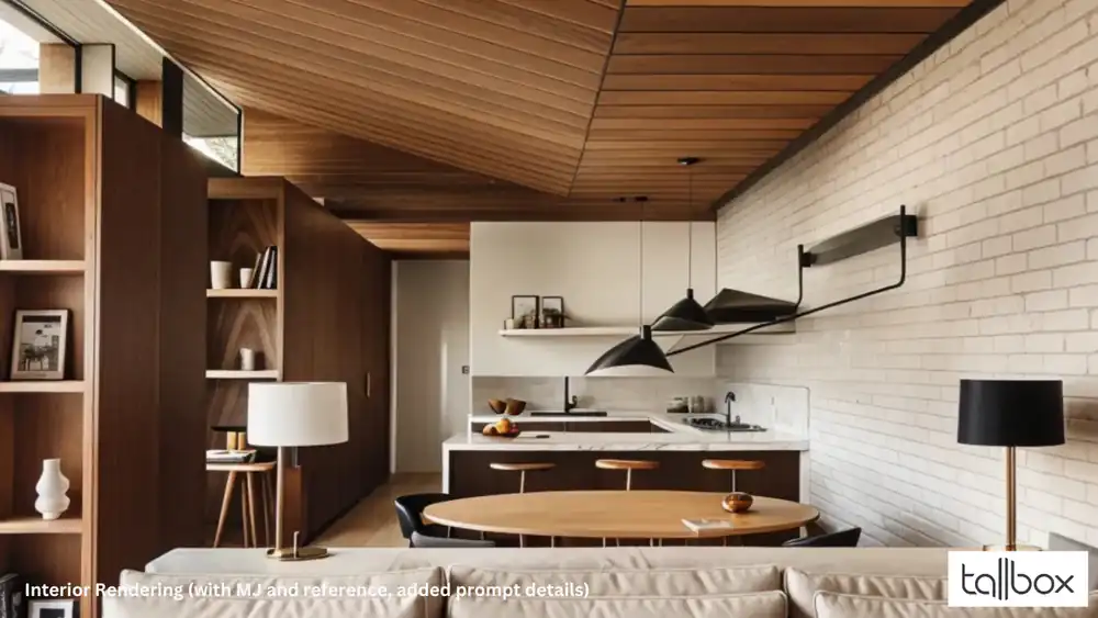 Modern kitchen and dining area with wood ceilings, a white brick wall, and black pendant lights. This cozy, minimalist design is a stunning midjourney of a renovation project.
