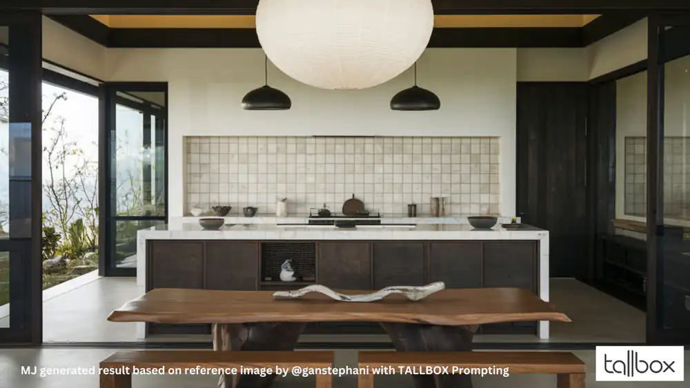 Modern kitchen with a large wooden table, black cabinets, and a central stove; an impressive visualization of contemporary design. A light fixture hangs above, highlighting the elegance of this renovation project.