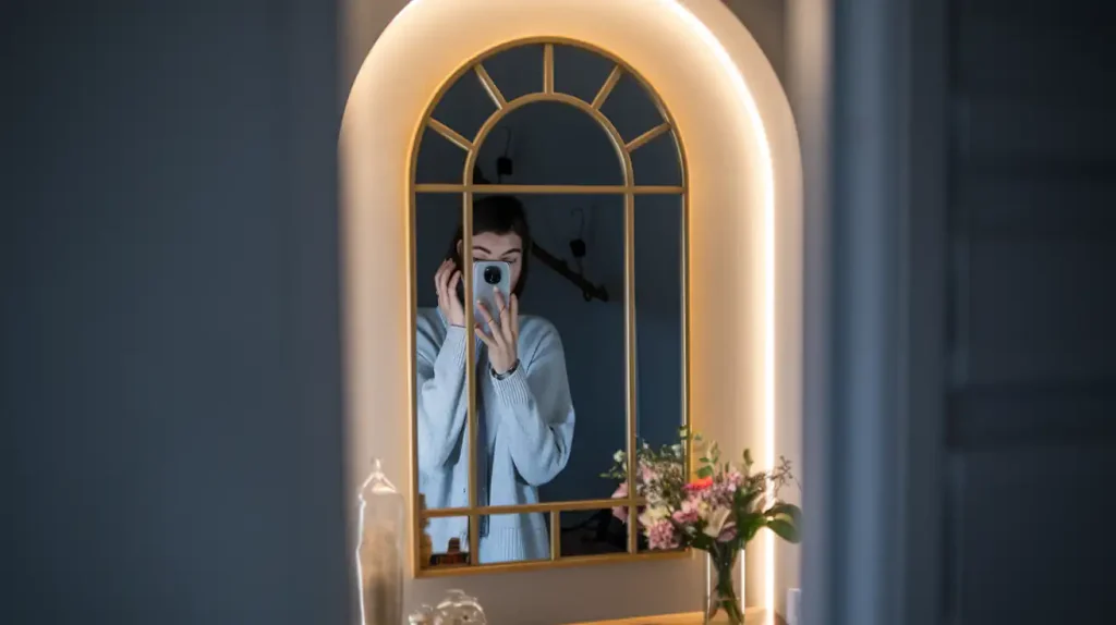 Person taking a selfie in a well-lit mirror, with creative ideas for decorating small entryways evident in the bouquet of flowers on the counter.