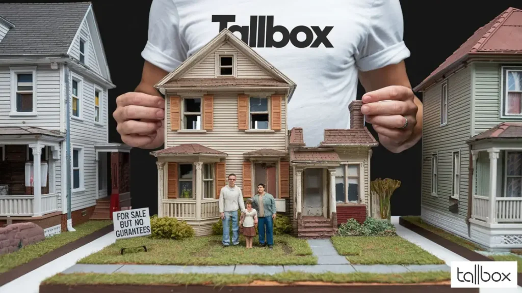 A person holds model houses with a model family in front; the sign reads "No Guarantee House," offering a glimpse into the unpredictable world of real estate without assurance.