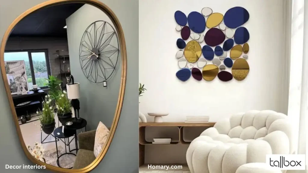 Split image: Left shows a room with a circular mirror and plants; right offers creative decorating ideas with abstract wall art above a white sofa. Perfect inspiration for small entryways.