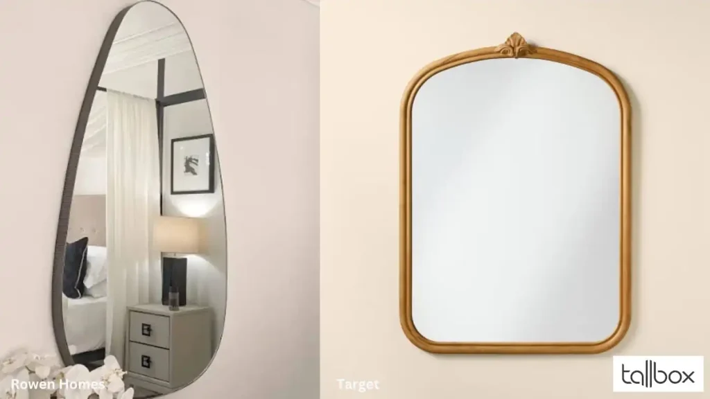 Decorating small entryways can be a breeze with creative ideas like these mirrors. The left features a teardrop shape with a dark border, while the right is rectangular in a gold frame, adding both style and elegance to compact spaces.