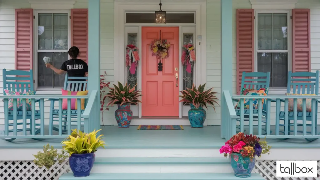 Cheerful house with a coral door, blue porch, and vibrant plants—a perfect rental property to attract tenants. Person on porch wearing a "Tallbox" shirt.