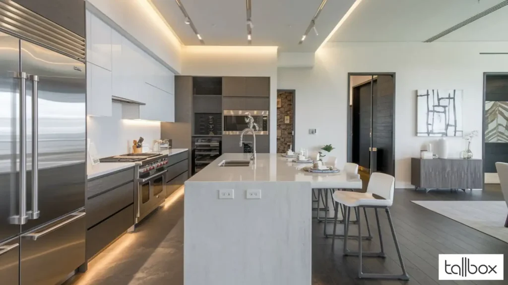 Modern kitchen with a white island, stainless steel appliances, and bar stools; open to a living area—perfect for a rental property aimed at attracting tenants.