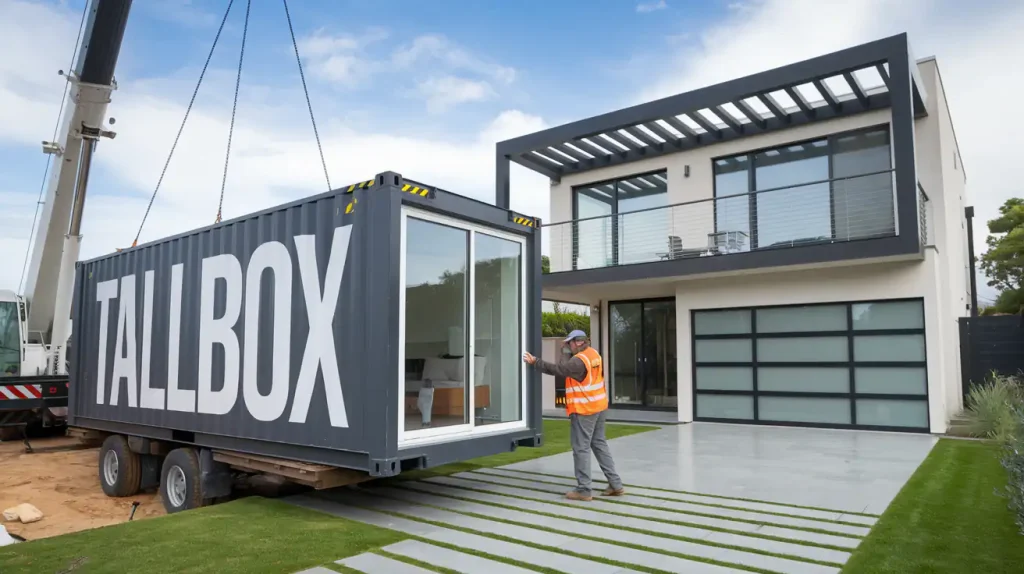 A worker guides a shipping container labeled "TALLBOX" being lifted by a crane in front of a modern granny flat, showcasing innovative housing solutions.