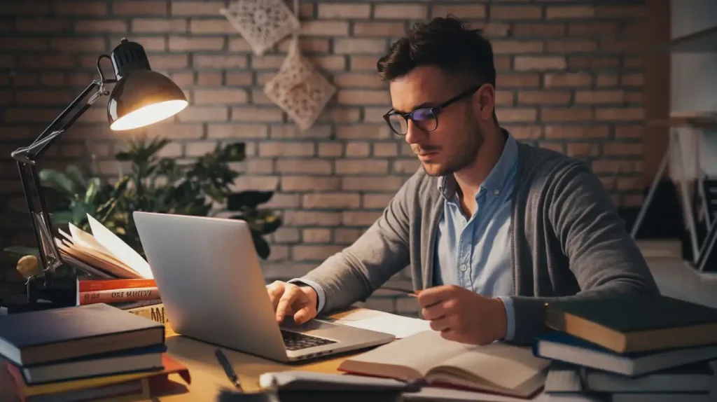 A man with glasses writes on his laptop at a desk, surrounded by books and papers, under a lamp in a cozy, well-designed room.