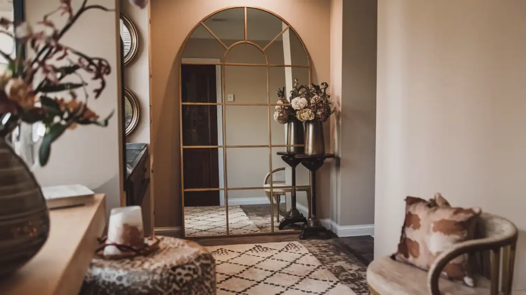 A cozy room with creative decorating ideas features a decorative mirror, lush plants, a patterned rug, and a cushioned chair with a pillow.