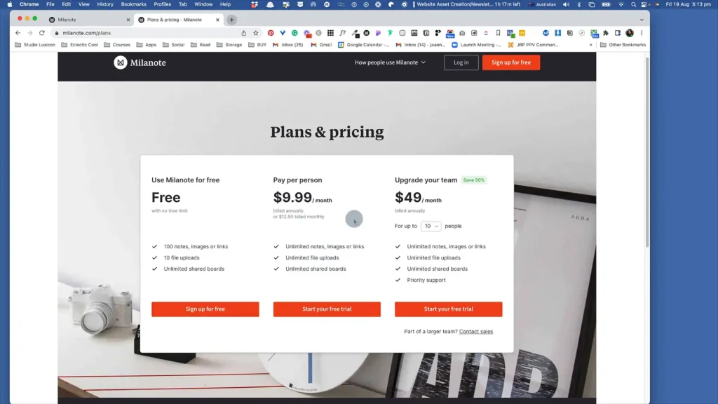 Screenshot of Miro's pricing plans, perfect for business organization or planning your next interior design project. Options include Free, $9.99 per person, and $49 per month, with features that rival top platforms like Milanote.