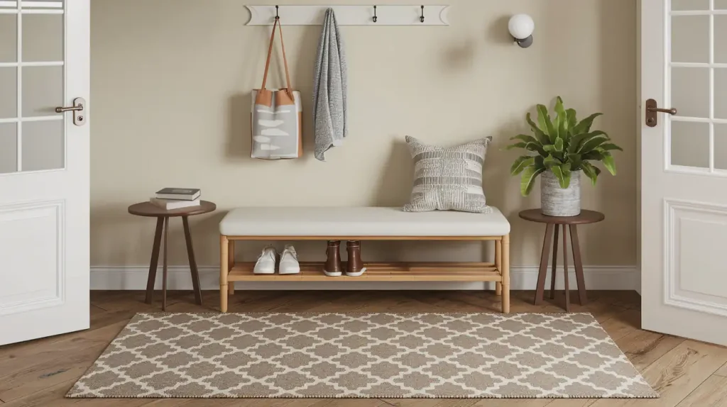 A minimalist entryway showcases creative ideas with a bench, patterned rug, plants, and two side tables. Coats and bags hang on the wall rack—perfect for decorating small entryways.