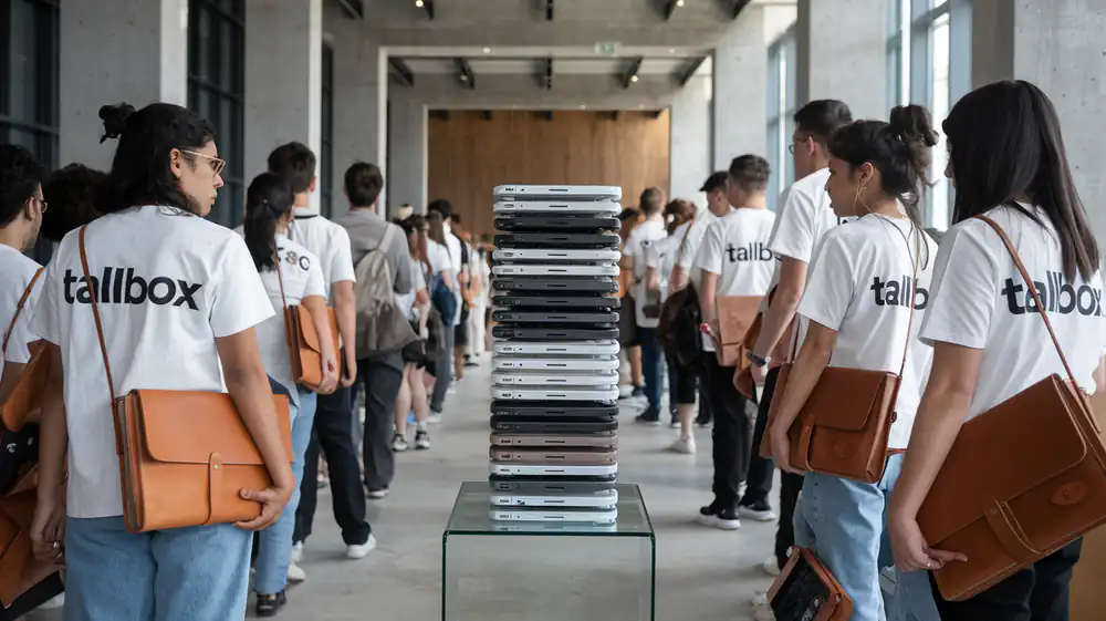 A group of people in "tallbox" shirts gathers around a tall stack of the best student laptops on a glass table, each holding brown bags.
