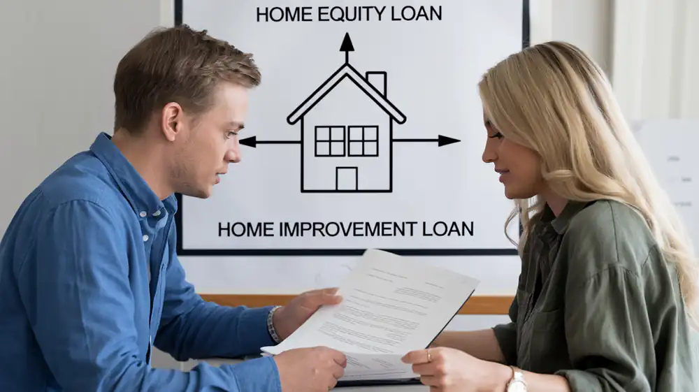 A man and woman discuss documents with a home equity loan diagram in the background, considering options for their renovation project.
