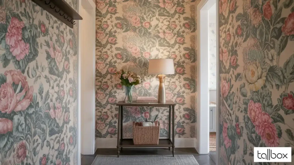 In this cozy small entryway, the floral wallpaper adds charm while a table holds a lamp and flowers. A basket on the lower shelf offers stylish storage, showcasing creative decorating ideas.